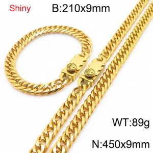 9mm Shiny Link Chain Bracelet & Necklace Jewelry Set With Unique Clasp Men Women Stainless Steel 304 Gold Color - KS219032-Z