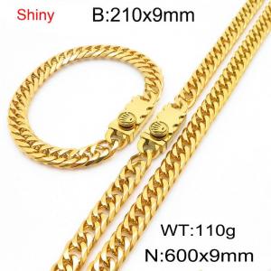 9mm Shiny Link Chain Bracelet & Necklace Jewelry Set With Unique Clasp Men Women Stainless Steel 304 Gold Color - KS219035-Z