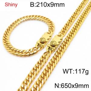 9mm Shiny Link Chain Bracelet & Necklace Jewelry Set With Unique Clasp Men Women Stainless Steel 304 Gold Color - KS219036-Z