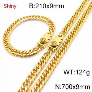 9mm Shiny Link Chain Bracelet & Necklace Jewelry Set With Unique Clasp Men Women Stainless Steel 304 Gold Color - KS219037-Z