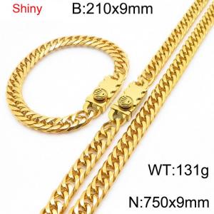 9mm Shiny Link Chain Bracelet & Necklace Jewelry Set With Unique Clasp Men Women Stainless Steel 304 Gold Color - KS219038-Z