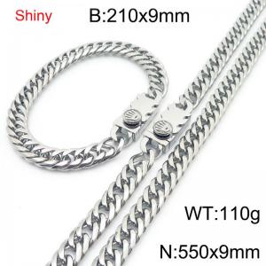 9mm Shiny Link Chain Bracelet & Necklace Jewelry Set With Unique Clasp Men Women Stainless Steel 304 Silver Color - KS219041-Z