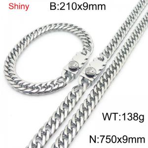 9mm Shiny Link Chain Bracelet & Necklace Jewelry Set With Unique Clasp Men Women Stainless Steel 304 Silver Color - KS219045-Z