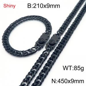 9mm Shiny Link Chain Bracelet & Necklace Jewelry Set With Unique Clasp Men Women Stainless Steel 304 Black Color - KS219046-Z