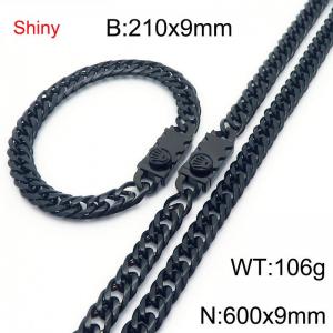 9mm Shiny Link Chain Bracelet & Necklace Jewelry Set With Unique Clasp Men Women Stainless Steel 304 Black Color - KS219049-Z