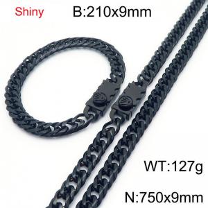 9mm Shiny Link Chain Bracelet & Necklace Jewelry Set With Unique Clasp Men Women Stainless Steel 304 Black Color - KS219052-Z