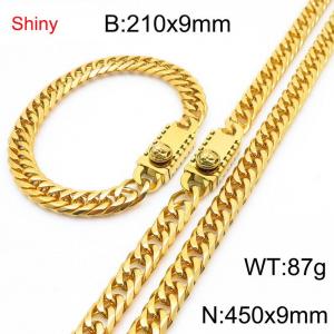 9mm Shiny Link Chain Bracelet & Necklace Jewelry Set With Unique Clasp Men Women Stainless Steel 304 Gold Color - KS219053-Z