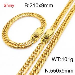 9mm Shiny Link Chain Bracelet & Necklace Jewelry Set With Unique Clasp Men Women Stainless Steel 304 Gold Color - KS219055-Z