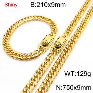 9mm Shiny Link Chain Bracelet & Necklace Jewelry Set With Unique Clasp Men Women Stainless Steel 304 Gold Color - KS219059-Z