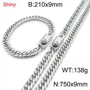 9mm Shiny Link Chain Bracelet & Necklace Jewelry Set With Unique Clasp Men Women Stainless Steel 304 Silver Color - KS219066-Z