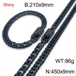 9mm Shiny Link Chain Bracelet & Necklace Jewelry Set With Unique Clasp Men Women Stainless Steel 304 Black Color - KS219067-Z