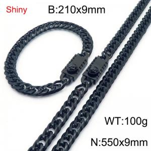 9mm Shiny Link Chain Bracelet & Necklace Jewelry Set With Unique Clasp Men Women Stainless Steel 304 Black Color - KS219069-Z