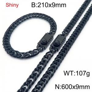 9mm Shiny Link Chain Bracelet & Necklace Jewelry Set With Unique Clasp Men Women Stainless Steel 304 Black Color - KS219070-Z