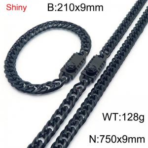 9mm Shiny Link Chain Bracelet & Necklace Jewelry Set With Unique Clasp Men Women Stainless Steel 304 Black Color - KS219073-Z