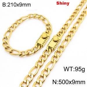 210x9mm Bracelet 500x9mm Necklace Gold Color Stainless Steel Shiny 3：1 NK Chain Jewelry Sets For Women Men - KS219075-Z