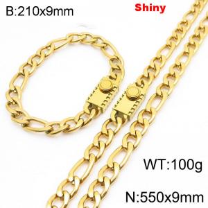 210x9mm Bracelet 550x9mm Necklace Gold Color Stainless Steel Shiny 3：1 NK Chain Jewelry Sets For Women Men - KS219076-Z
