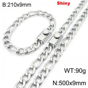 210x9mm Bracelet 500x9mm Necklace Silver Color Stainless Steel Shiny 3：1 NK Chain Jewelry Sets For Women Men - KS219082-Z