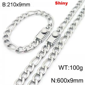 210x9mm Bracelet 600x9mm Necklace Silver Color Stainless Steel Shiny 3：1 NK Chain Jewelry Sets For Women Men - KS219084-Z
