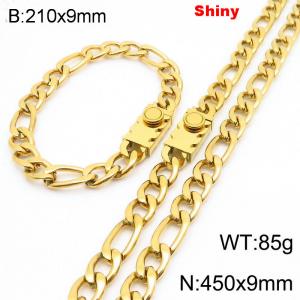 210x9mm Bracelet 450x9mm Necklace Gold Color Stainless Steel Shiny 3：1 NK Chain Jewelry Sets For Women Men - KS219095-Z