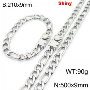 210x9mm Bracelet 500x9mm Necklace Silver Color Stainless Steel Shiny 3：1 NK Chain Jewelry Sets For Women Men - KS219103-Z