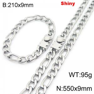 210x9mm Bracelet 550x9mm Necklace Silver Color Stainless Steel Shiny 3：1 NK Chain Jewelry Sets For Women Men - KS219104-Z