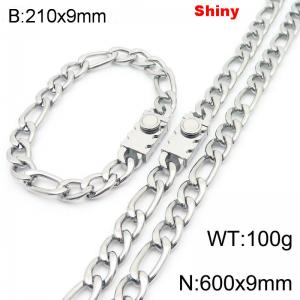 210x9mm Bracelet 600x9mm Necklace Silver Color Stainless Steel Shiny 3：1 NK Chain Jewelry Sets For Women Men - KS219105-Z