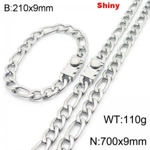 210x9mm Bracelet 700x9mm Necklace Silver Color Stainless Steel Shiny 3：1 NK Chain Jewelry Sets For Women Men - KS219107-Z