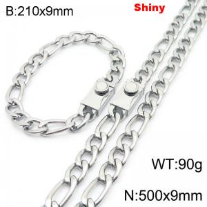 210x9mm Bracelet 500x9mm Necklace Silver Color Stainless Steel Shiny 3：1 NK Chain Jewelry Sets For Women Men - KS219124-Z