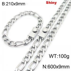 210x9mm Bracelet 600x9mm Necklace Silver Color Stainless Steel Shiny 3：1 NK Chain Jewelry Sets For Women Men - KS219126-Z