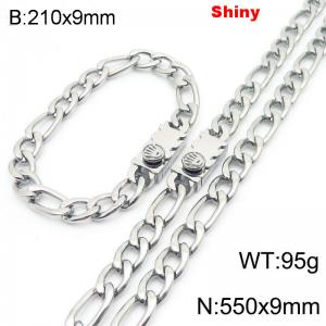 210x9mm Bracelet 550x9mm Necklace Silver Color Stainless Steel Shiny 3：1 NK Chain Jewelry Sets For Women Men - KS219146-Z