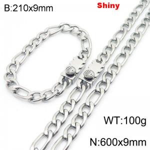 210x9mm Bracelet 600x9mm Necklace Silver Color Stainless Steel Shiny 3：1 NK Chain Jewelry Sets For Women Men - KS219147-Z