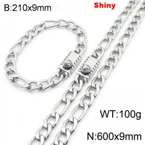 210x9mm Bracelet 600x9mm Necklace Silver Color Stainless Steel Shiny 3：1 NK Chain Jewelry Sets For Women Men - KS219168-Z