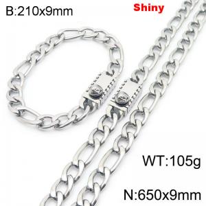 210x9mm Bracelet 650x9mm Necklace Silver Color Stainless Steel Shiny 3：1 NK Chain Jewelry Sets For Women Men - KS219169-Z