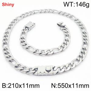 210x11mm Bracelet 550x11mm Necklace Silver Color Stainless Steel Shiny 3：1 NK Chain Jewelry Sets For Women Men - KS219187-Z