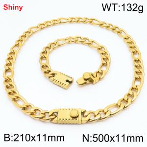 210x11mm Bracelet 500x11mm Necklace Gold Color Stainless Steel Shiny 3：1 NK Chain Jewelry Sets For Women Men - KS219249-Z