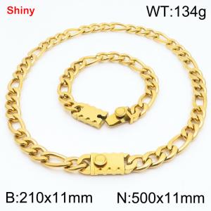 210x11mm Bracelet 500x11mm Necklace Gold Color Stainless Steel Shiny 3：1 NK Chain Jewelry Sets For Women Men - KS219277-Z