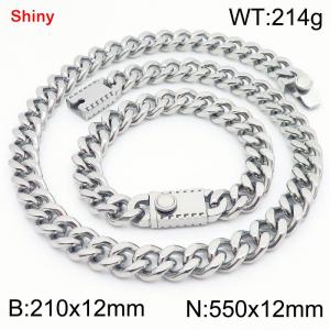Steel colored stainless steel bracelet necklace Cuban chain set - KS219292-Z