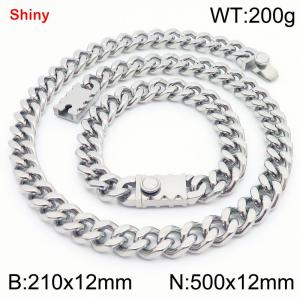 Steel colored stainless steel bracelet necklace Cuban chain set - KS219312-Z