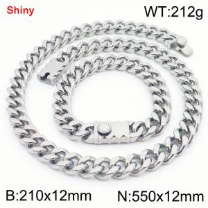 Steel colored stainless steel bracelet necklace Cuban chain set - KS219313-Z