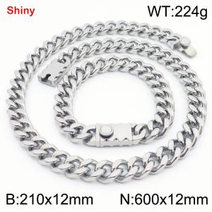 Steel colored stainless steel bracelet necklace Cuban chain set - KS219314-Z