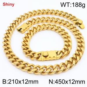 12MM Gold Color Stainless Steel Cuban Chain Bracelet Necklace Set Fashion Shiny Jewelry Sets - KS219318-Z