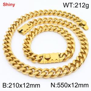 12MM Gold Color Stainless Steel Cuban Chain Bracelet Necklace Set Fashion Shiny Jewelry Sets - KS219320-Z