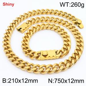 12MM Gold Color Stainless Steel Cuban Chain Bracelet Necklace Set Fashion Shiny Jewelry Sets - KS219324-Z