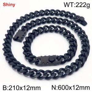 12MM Black Color Stainless Steel Cuban Chain Bracelet Necklace Set Fashion Shiny Jewelry Sets - KS219328-Z