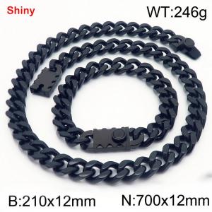 12MM Black Color Stainless Steel Cuban Chain Bracelet Necklace Set Fashion Shiny Jewelry Sets - KS219330-Z