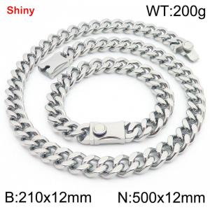 12MM Silver Color Stainless Steel Cuban Chain Bracelet Necklace Set Fashion Shiny Jewelry Sets - KS219333-Z