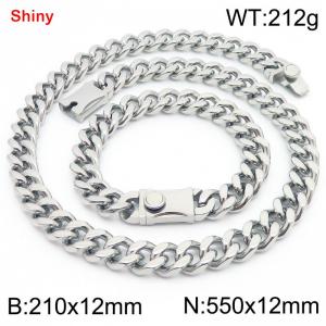 12MM Silver Color Stainless Steel Cuban Chain Bracelet Necklace Set Fashion Shiny Jewelry Sets - KS219334-Z