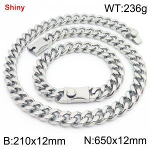 12MM Silver Color Stainless Steel Cuban Chain Bracelet Necklace Set Fashion Shiny Jewelry Sets - KS219336-Z