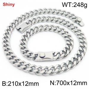 12MM Silver Color Stainless Steel Cuban Chain Bracelet Necklace Set Fashion Shiny Jewelry Sets - KS219337-Z