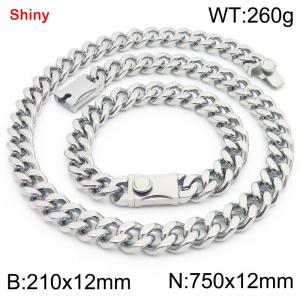 12MM Silver Color Stainless Steel Cuban Chain Bracelet Necklace Set Fashion Shiny Jewelry Sets - KS219338-Z